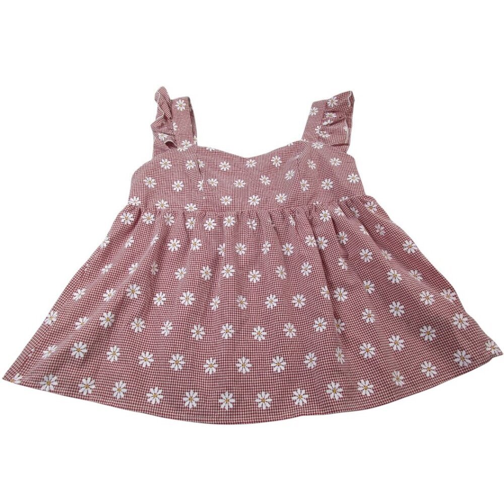 Shein A-Line Dress‎ Red Gingham Daisy Printed Pleated Sleeveless Casual Pullover